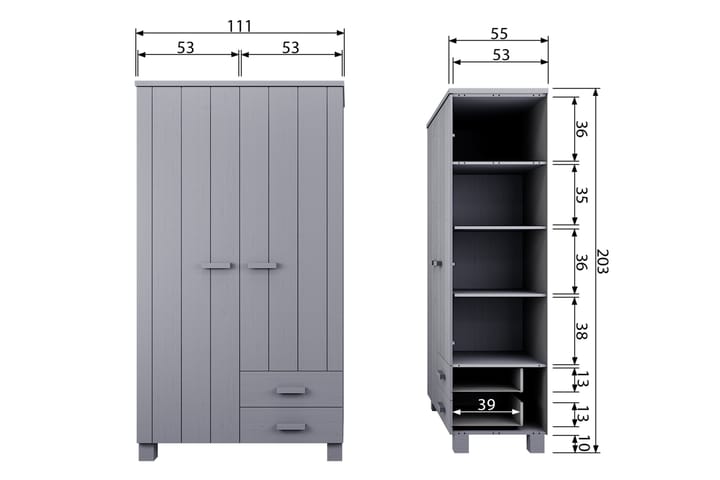 Ketcham Garderob med 2 Lådor 111 cm - Grå Tall - Alla Möbler - Förvaring - Garderober