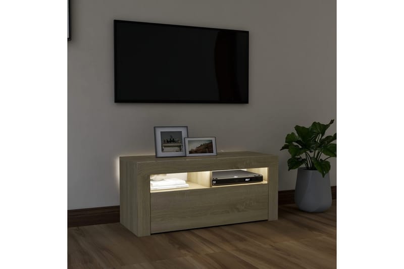 TV-bänk med LED-belysning sonoma-ek 90x35x40 cm - Brun - Alla Möbler - Förvaring - Tv bänkar