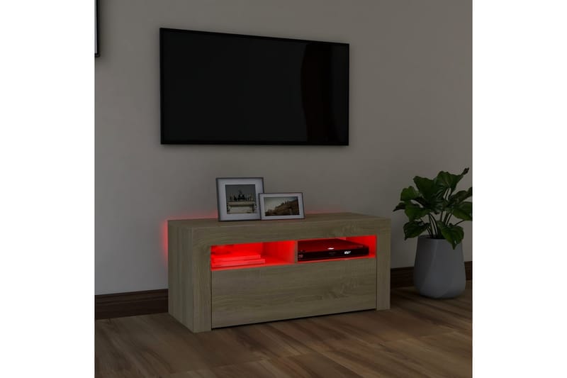 TV-bänk med LED-belysning sonoma-ek 90x35x40 cm - Brun - Alla Möbler - Förvaring - Tv bänkar
