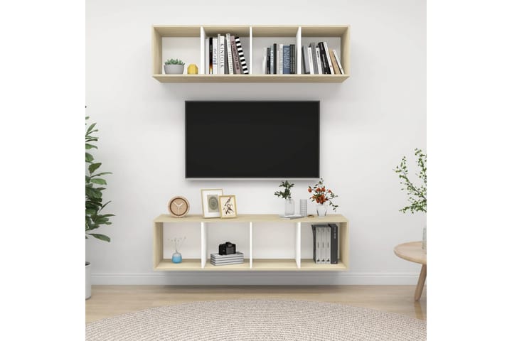 Väggmonterade tv-skåp 2 st vit och sonoma-ek spånskiva - Vit - Alla Möbler - Förvaring - Tv bänkar