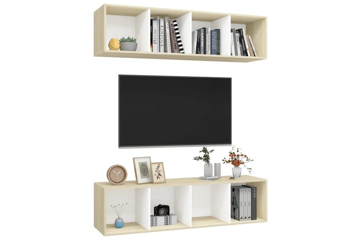 Väggmonterade tv-skåp 2 st vit och sonoma-ek spånskiva - Vit - Alla Möbler - Förvaring - Tv bänkar