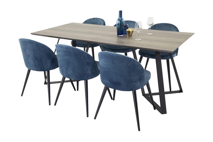 Elmar Matbord med 6 Didrik Sammetsstol - Grå/Svart/Blå - Alla Möbler - Matgrupper - Matgrupper med 6 stolar