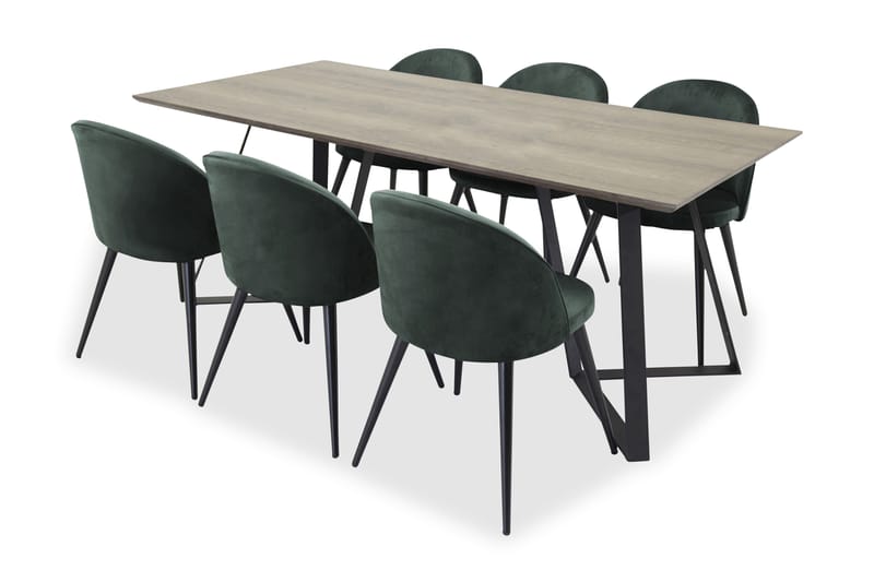 Elmar Matbord med 6 Didrik Sammetsstol - Grå/Svart/Grön - Alla Möbler - Matgrupper - Matgrupper med 6 stolar