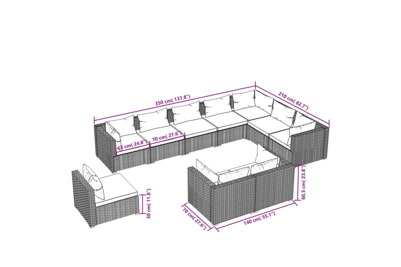 Loungegrupp för trädgården m. dynor 10 delar konstrotting sv - Svart - Alla Möbler - Utemöbler - Loungemöbler