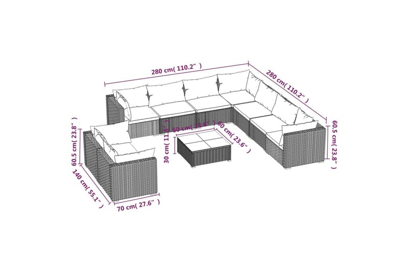 Loungegrupp för trädgården med dynor 10delar konstrotting br - Brun - Alla Möbler - Utemöbler - Loungemöbler
