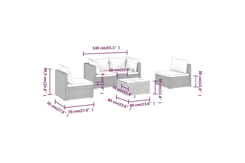 Loungegrupp för trädgården med dynor 5 delar konstrotting br - Brun - Alla Möbler - Utemöbler - Loungemöbler