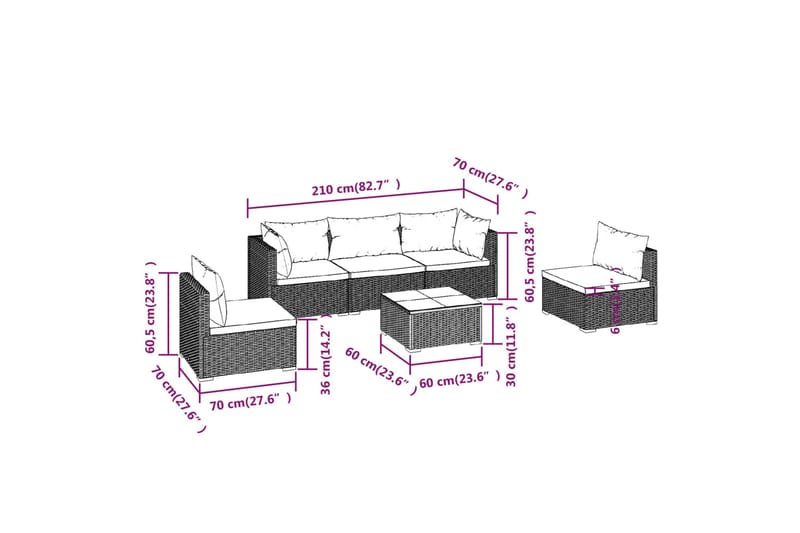 Loungegrupp för trädgården med dynor 6 delar konstrotting br - Brun - Alla Möbler - Utemöbler - Loungemöbler