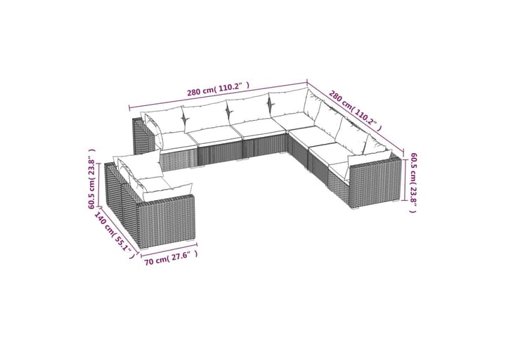 Loungegrupp för trädgården med dynor 9 delar grå konstrottin - Grå - Alla Möbler - Utemöbler - Loungemöbler