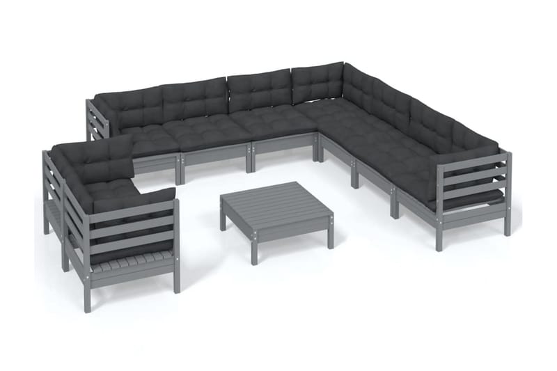 Loungegrupp med dynor 10 delar grå massiv furu - Grå - Alla Möbler - Utemöbler - Loungemöbler